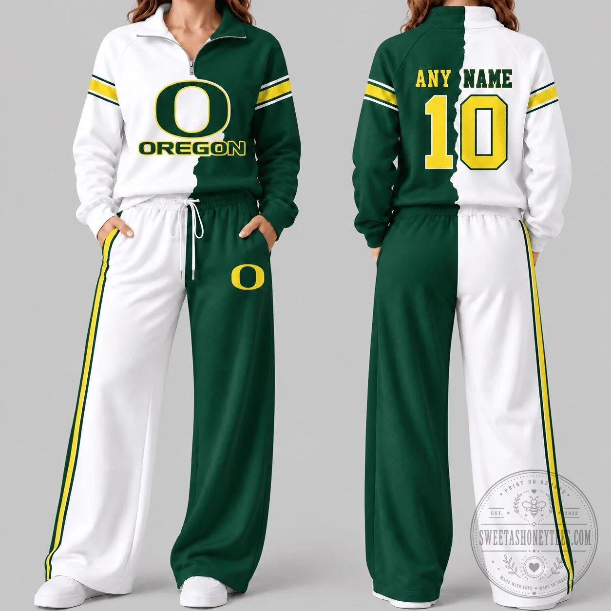 Oregon Ducks NCAA Split Color Quarter Zip Sweatshirt and Wide Leg Pants Set 1 Oregon Ducks NCAA Split Color Quarter Zip Sweatshirt and Wide Leg Pants Set
