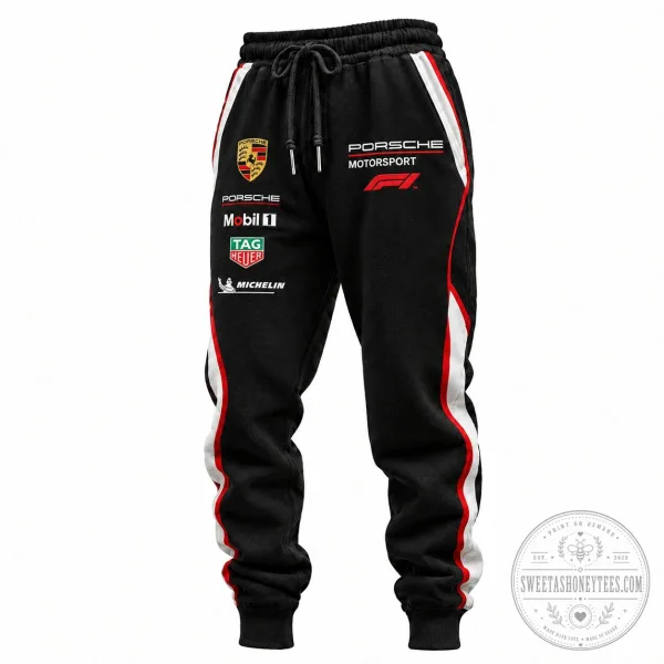 Porsche Motorsport Formula 1 Racing Team Black and Red Striped Sweatpants