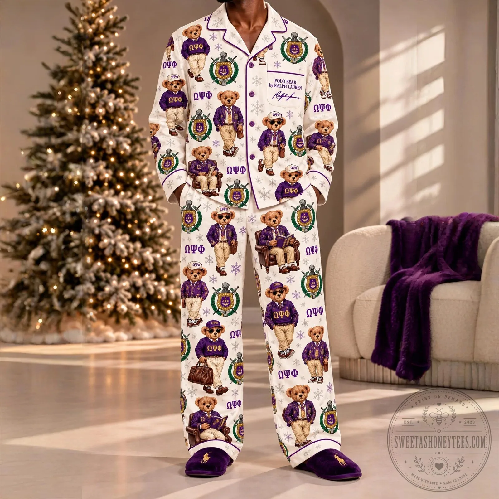 Christmas Pajamas Set featuring Ralph Lauren's Polo Bear and Omega Psi Phi Fraternity 5 Christmas Pajamas Set featuring Ralph Lauren
