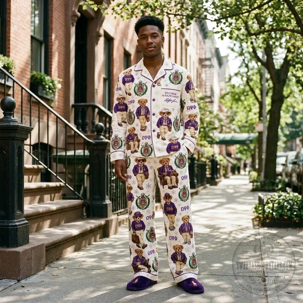 Christmas Pajamas Set featuring Ralph Lauren's Polo Bear and Omega Psi Phi Fraternity 7 Christmas Pajamas Set featuring Ralph Lauren