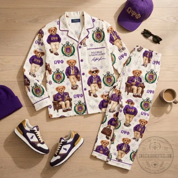 Christmas Pajamas Set featuring Ralph Lauren's Polo Bear and Omega Psi Phi Fraternity 3 Christmas Pajamas Set featuring Ralph Lauren's Polo Bear and Omega Psi Phi Fraternity