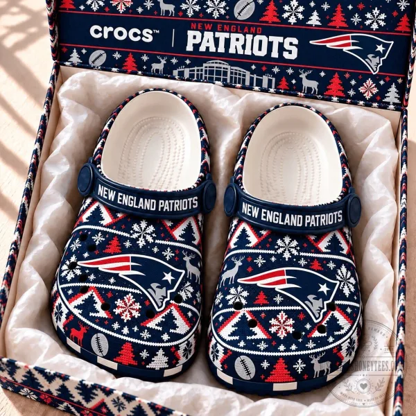 New England Patriots Christmas Ugly Sweater Pattern Crocs Clogs Shoes