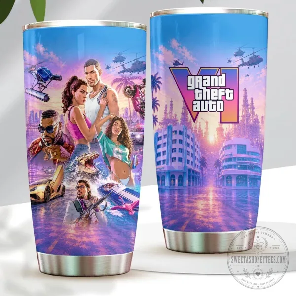 Stainless Steel Tumbler Cup Featuring Characters from Grand Theft Auto VI Video Game