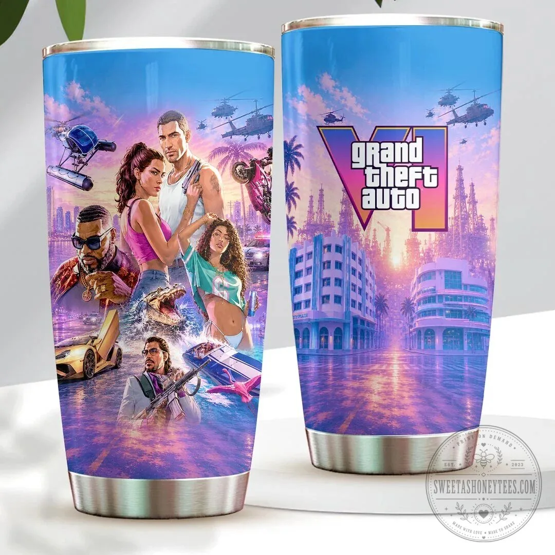 Stainless Steel Tumbler Cup Featuring Characters from Grand Theft Auto VI Video Game 1 Stainless Steel Tumbler Cup Featuring Characters from Grand Theft Auto VI Video Game