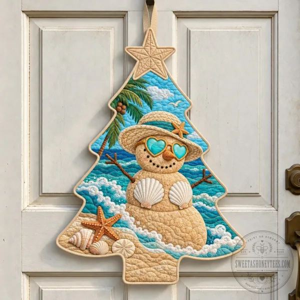 Beach Snowman Christmas Tree Shaped Quilted Door Hanger for Summer Holiday