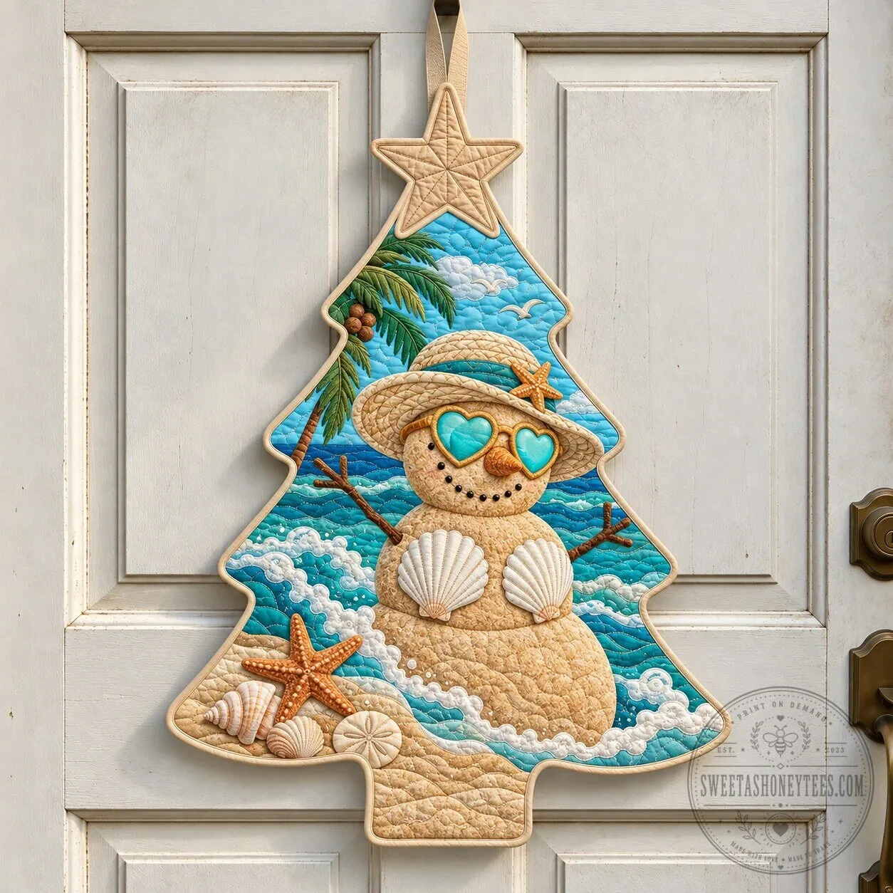 Beach Snowman Christmas Tree Shaped Quilted Door Hanger for Summer Holiday 4 Beach Snowman Christmas Tree Shaped Quilted Door Hanger for Summer Holiday