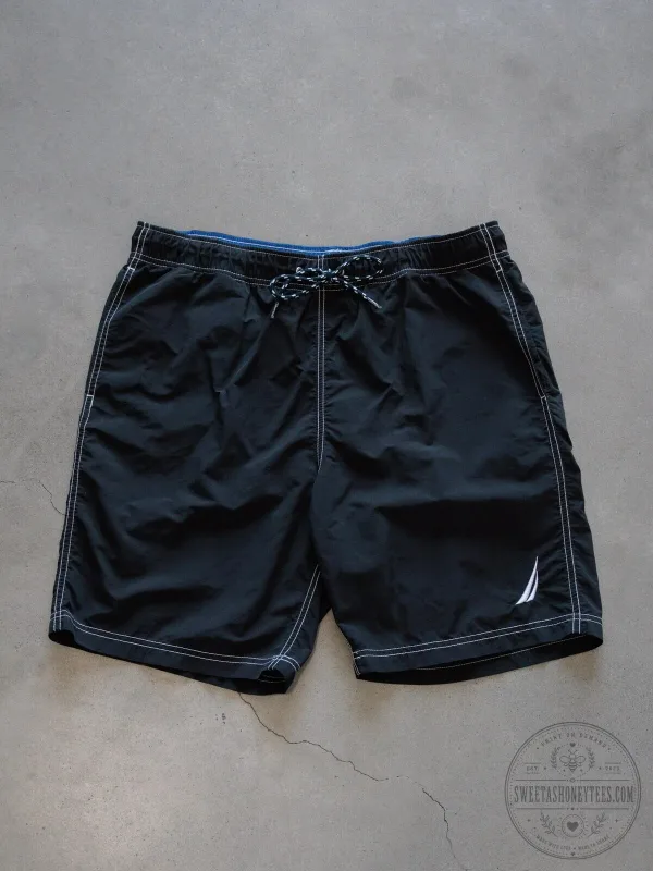 Vintage Nautica Black Swim Trunks with White Stitching and Logo