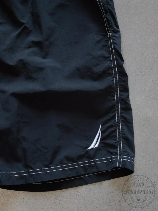 Vintage Nautica Black Swim Trunks with White Stitching and Logo