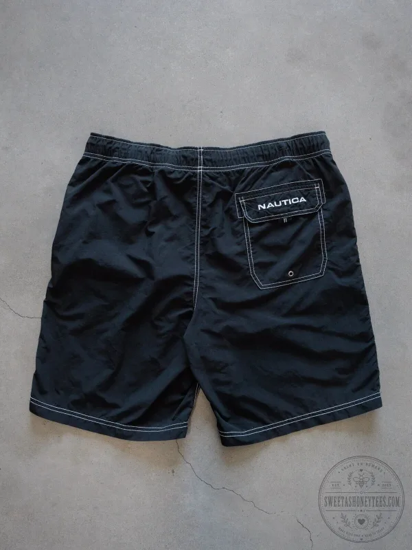 Vintage Nautica Black Swim Trunks with White Stitching and Logo