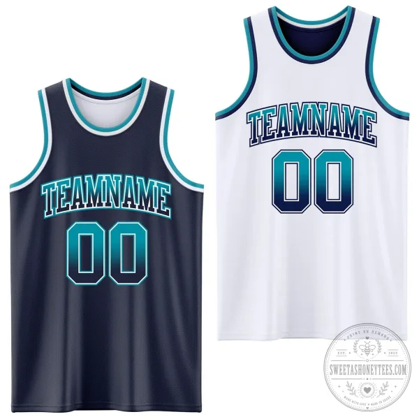 Custom Navy White Fade Fashion Reversible Double Sided Sublimation Basketball Jersey