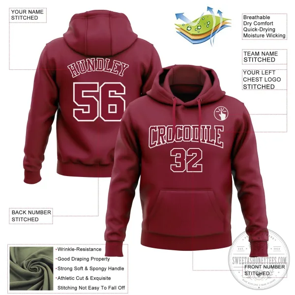 Custom Stitched Crimson White Pullover Hoodie with Team Name and Number 1 Custom Stitched Crimson White Pullover Hoodie with Team Name and Number