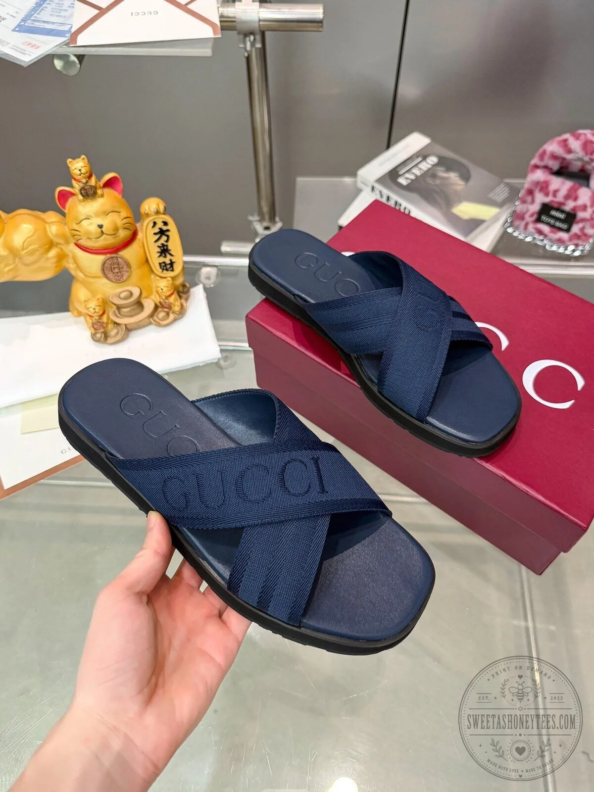 Gucci Interlocking G Logo Navy Blue Cross Strap Slide Sandals 4 Gucci Interlocking G Logo Navy Blue Cross Strap Slide Sandals