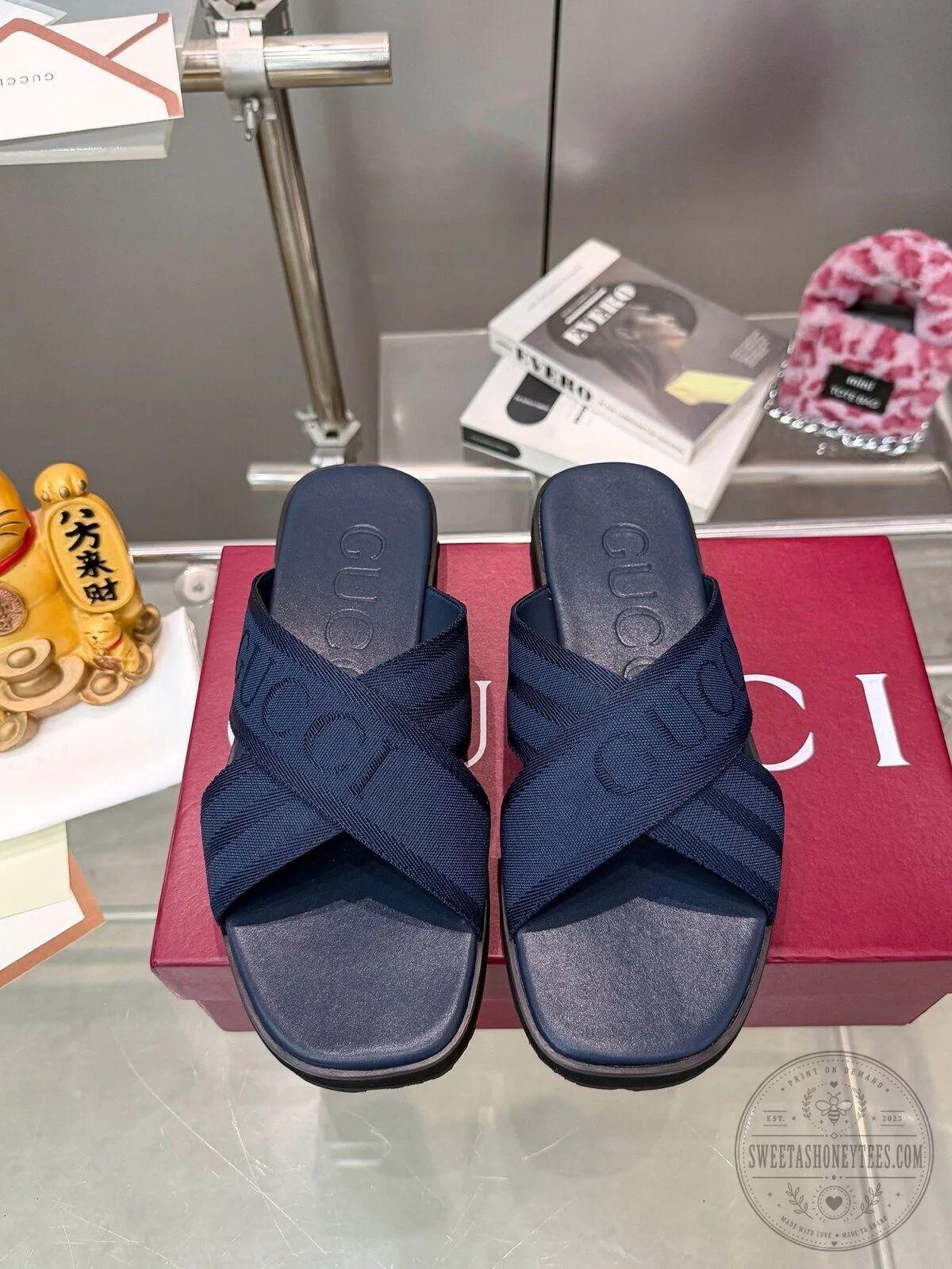Gucci Interlocking G Logo Navy Blue Cross Strap Slide Sandals 5 Gucci Interlocking G Logo Navy Blue Cross Strap Slide Sandals