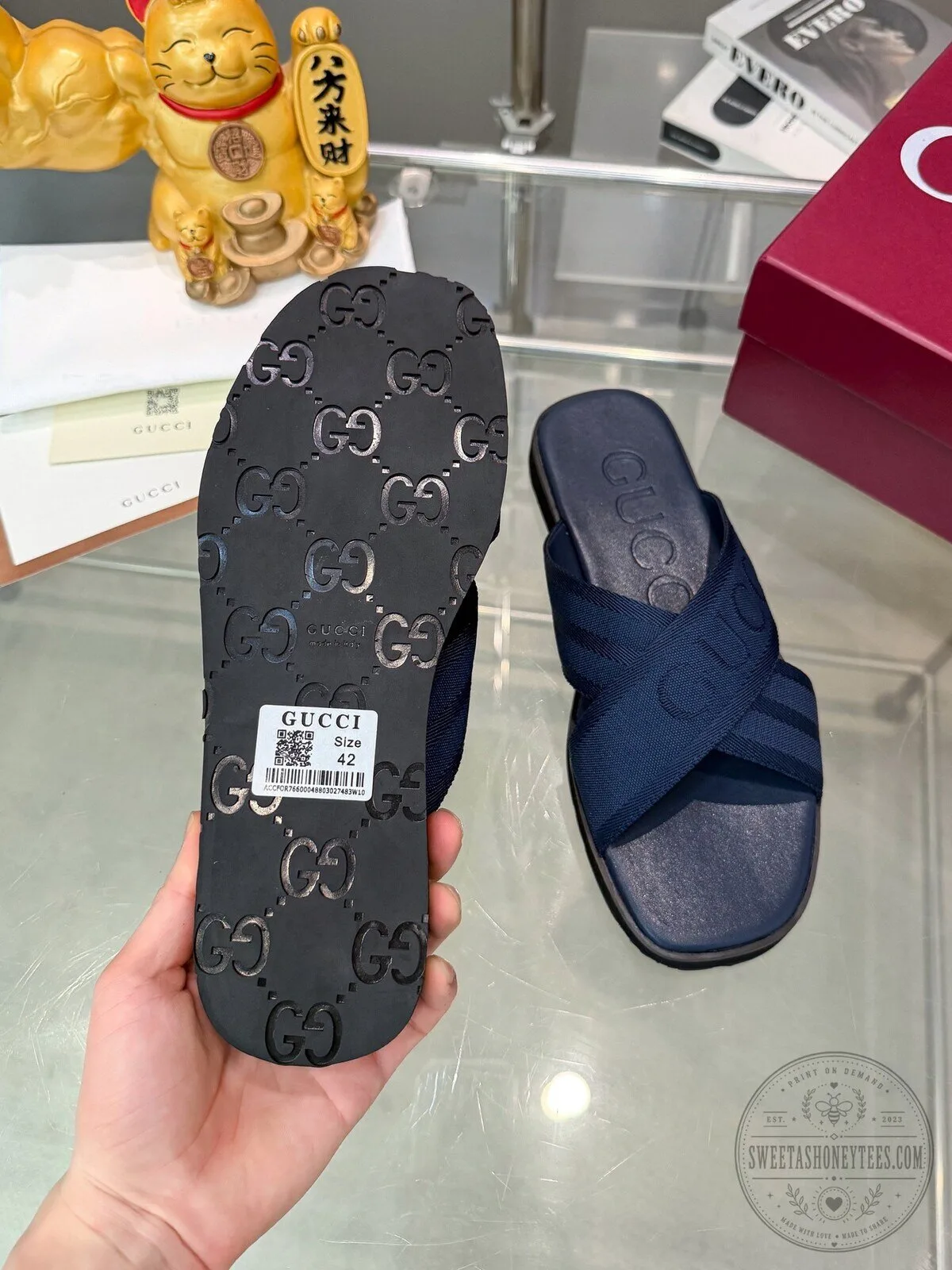 Gucci Interlocking G Logo Navy Blue Cross Strap Slide Sandals 6 Gucci Interlocking G Logo Navy Blue Cross Strap Slide Sandals