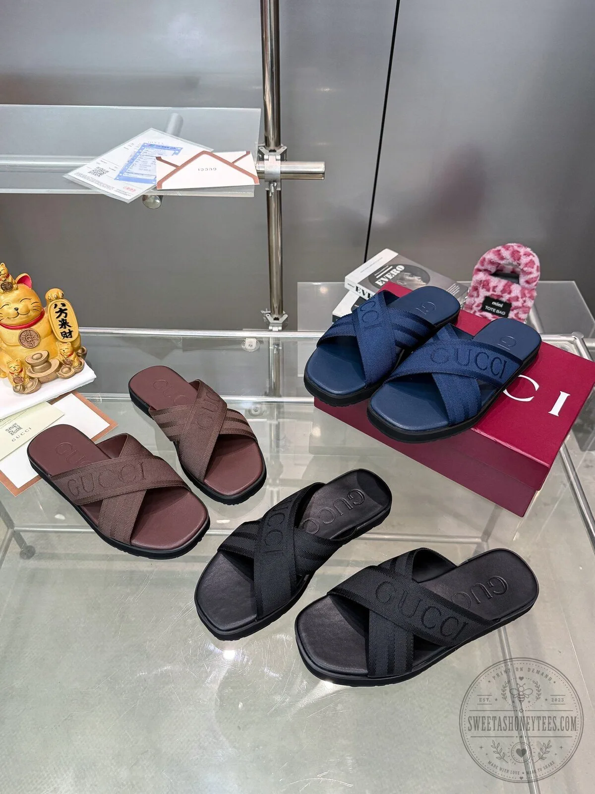 Gucci Interlocking G Logo Navy Blue Cross Strap Slide Sandals 7 Gucci Interlocking G Logo Navy Blue Cross Strap Slide Sandals