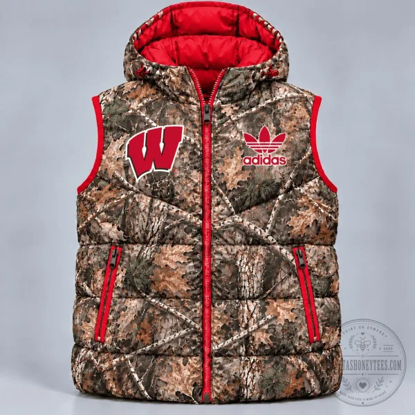 Wisconsin Badgers Adidas Camouflage Puffer Vest with Hood for Men